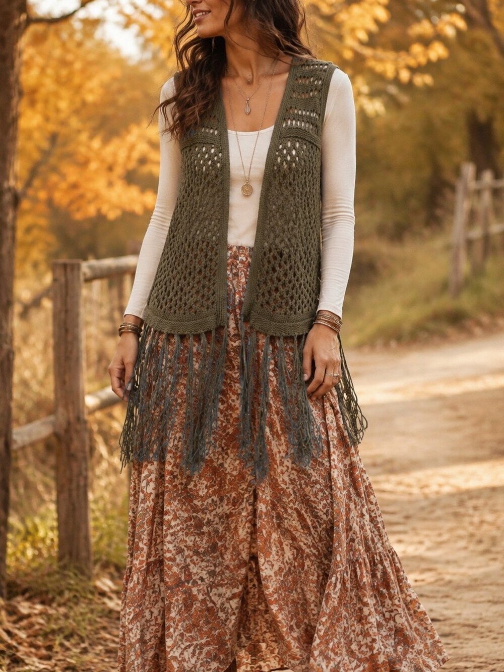 Cache Fringe Vest Olive Green L Open Weave Knit Festival Boho Cottagecore Festiv